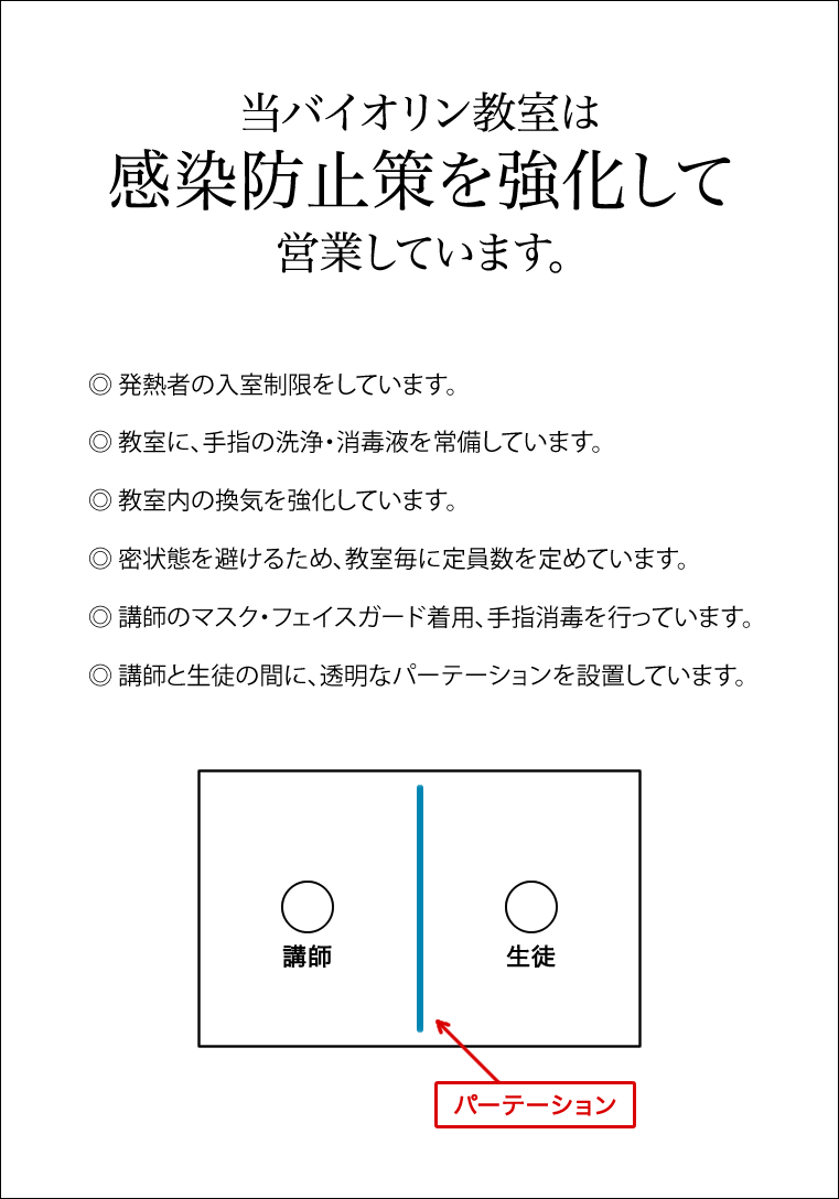 当バイオリン教室は、感染防止策を強化して、営業しています。発熱者の入室制限をしています。教室に、手指の洗浄・消毒液を常備しています。教室内の換気を強化しています。密状態を避けるため、教室毎に定員数を定めています。講師のマスク・フェイスガード着用、手指消毒を行っています。講師と生徒の間に、透明なパーテーションを設置しています。